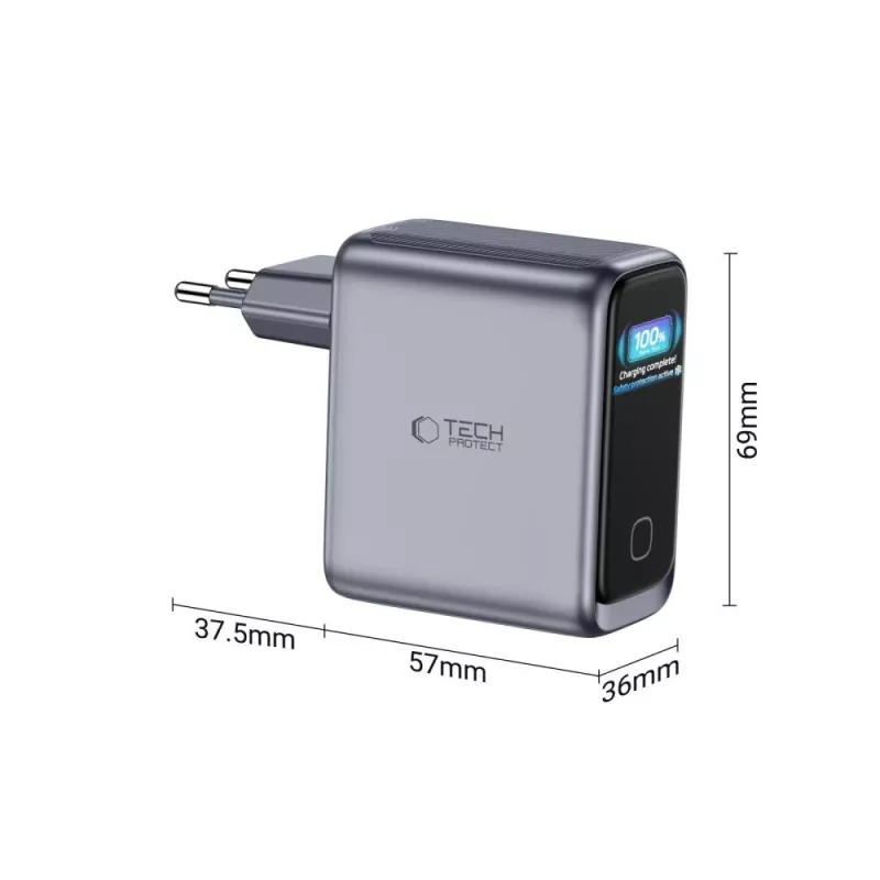 TECH-PROTECT PowerVision NC100W GaN carregador de parede 100 W 3 portas USB-C PD e USB-A QC3.0 - cinzento-escuro
