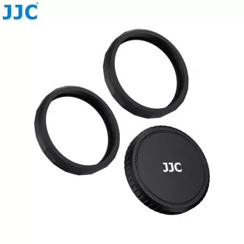 JJC LRR-OA6K2 Conjunto de tampa de objetiva e anéis decorativos para DJI Osmo Action 6 (tampa preta, anéis vermelho e azul)