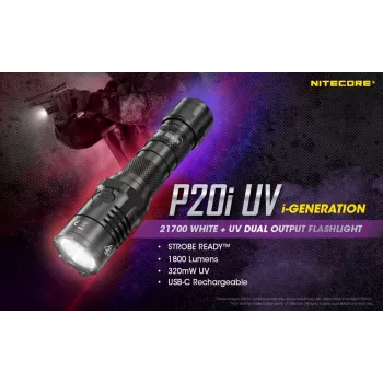 Lanterna tática Nitecore NT-P20I-UV com luz UV, 1800 lúmenes, recarregável USB-C, IP68, preta