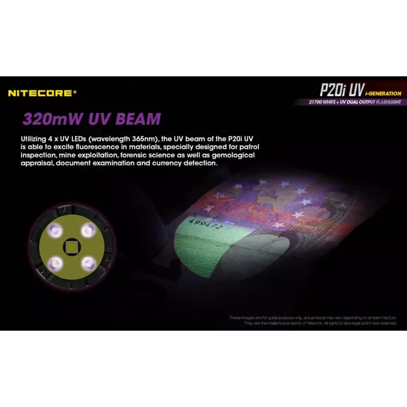 Lanterna tática Nitecore NT-P20I-UV com luz UV, 1800 lúmenes, recarregável USB-C, IP68, preta
