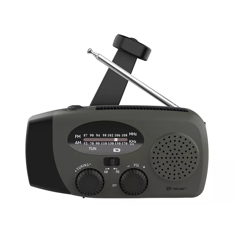 Rádio de expedição TRACER EXPLORER PRO com painel solar, manivela, banda meteorológica NOAA, AM/FM, lanterna LED e powerbank USB