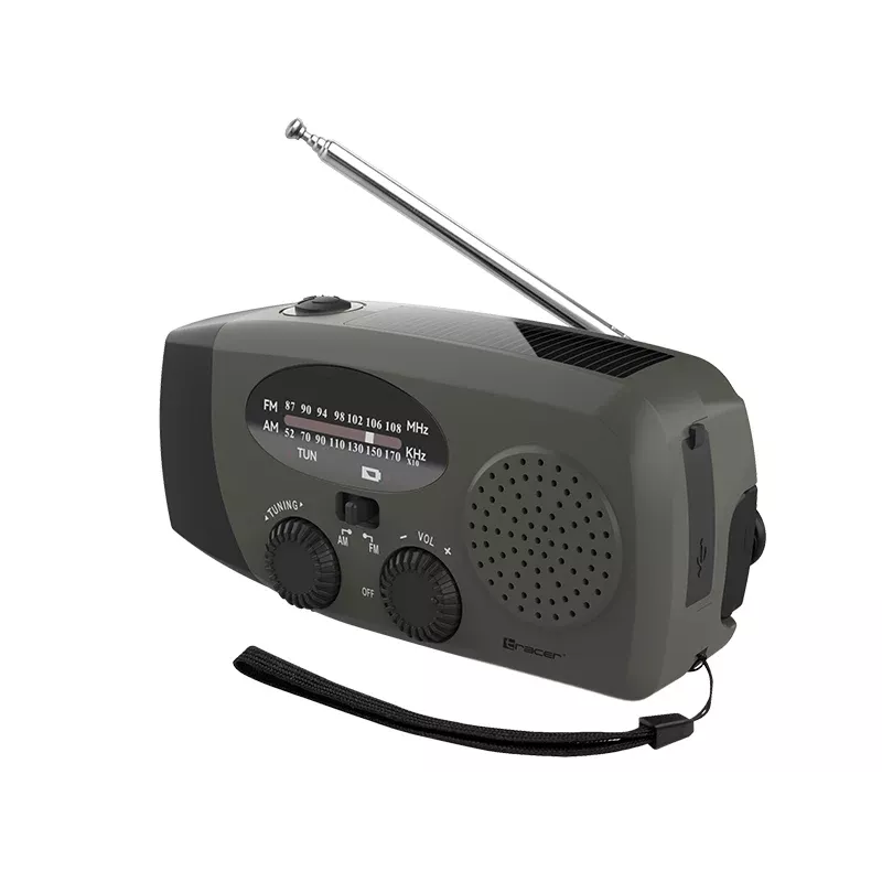 Rádio de expedição TRACER EXPLORER PRO com painel solar, manivela, banda meteorológica NOAA, AM/FM, lanterna LED e powerbank USB