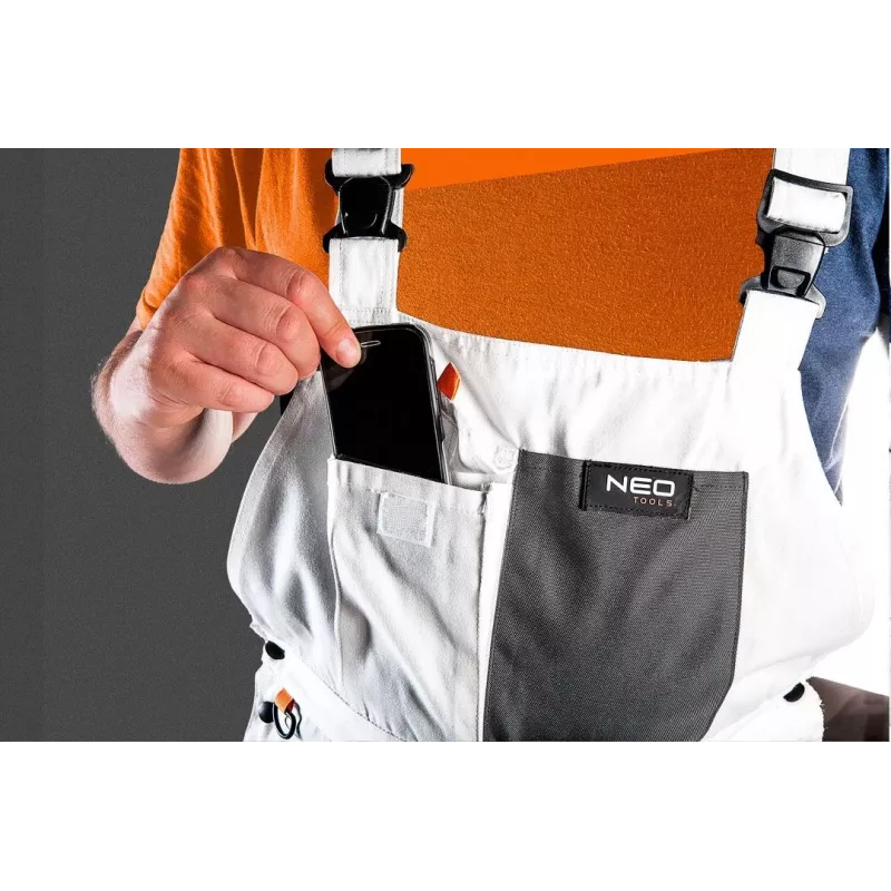 NEO TOOLS Calças de trabalho com peitilho HD com bolsos para joelheiras, tamanho L/52, cinzento/preto