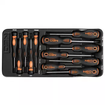 NEO TOOLS Conjunto de 12 chaves de fendas de precisão e standard com PZ, TX, fenda, Phillips, pontas magnéticas, aço cromo-vanádio, punhos de dois componentes, bandeja de arrumação
