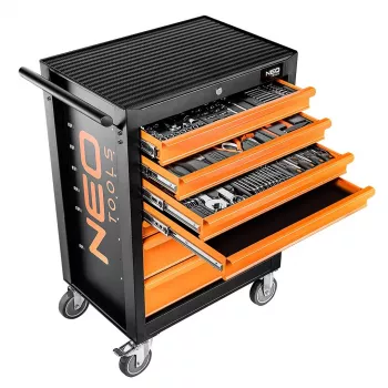 NEO TOOLS Armário de oficina com 7 gavetas e conjunto de ferramentas de 129 peças, vermelho/preto, corrediças de esferas, fecho central, capacidade 400 kg