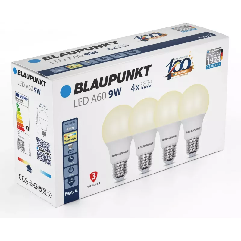 Blaupunkt lâmpada LED E27 A60 9W, 900 lm, 2700 K, 4 unidades (BLAUPUNKT-E27-9W-WW-4)