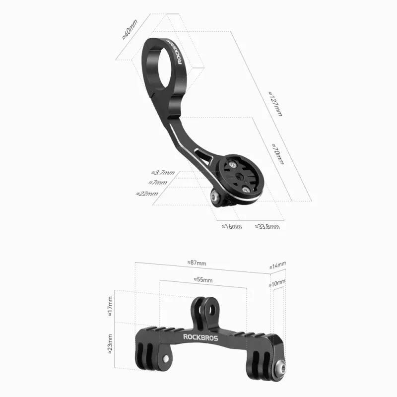 Rockbros FK-301 Suporte de guiador 2 em 1 para bicicleta - ciclocomputador e câmara de ação/luz - preto
