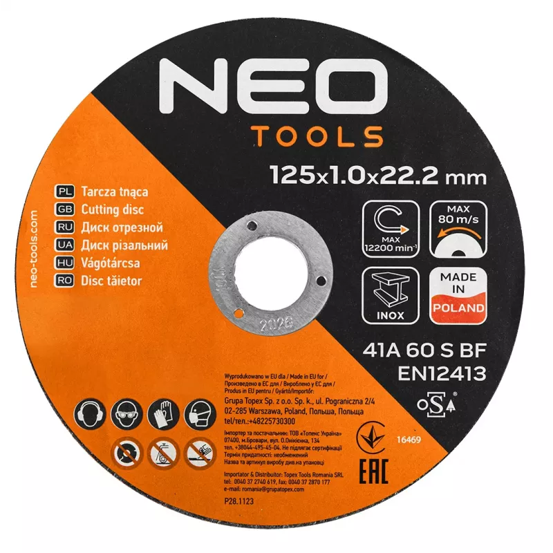 NEO TOOLS Discos de corte 41A 60 S BF - 125x1,0x22,23 mm AÇO/INOX, 100 unidades em balde