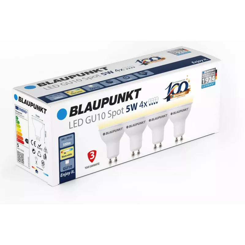 Blaupunkt lâmpada LED GU10 5W, 500 lm, 2700 K, 4 unidades (BLAUPUNKT-GU10-5W-WW-4)