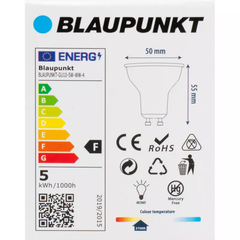 Blaupunkt lâmpada LED GU10 5W, 500 lm, 2700 K, 4 unidades (BLAUPUNKT-GU10-5W-WW-4)