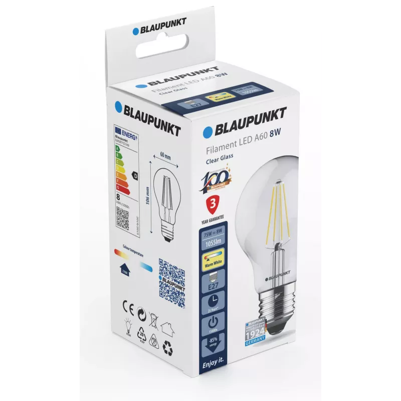 Blaupunkt lâmpada LED de filamento E27 A60 8W, 1055 lm, 2700 K (BLAUPUNKT-F-E27-8-WW)