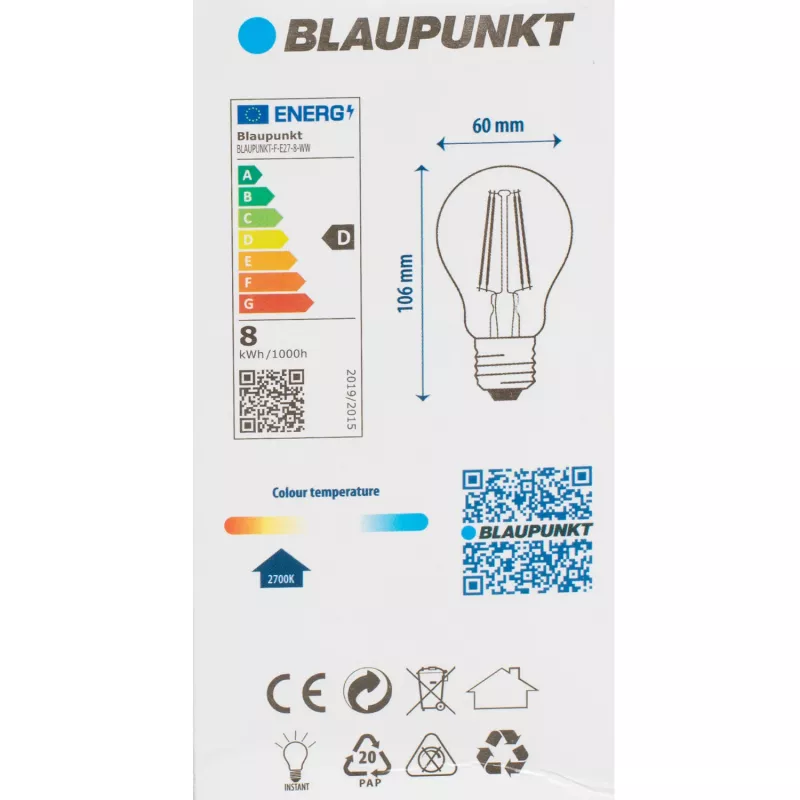 Blaupunkt lâmpada LED de filamento E27 A60 8W, 1055 lm, 2700 K (BLAUPUNKT-F-E27-8-WW)