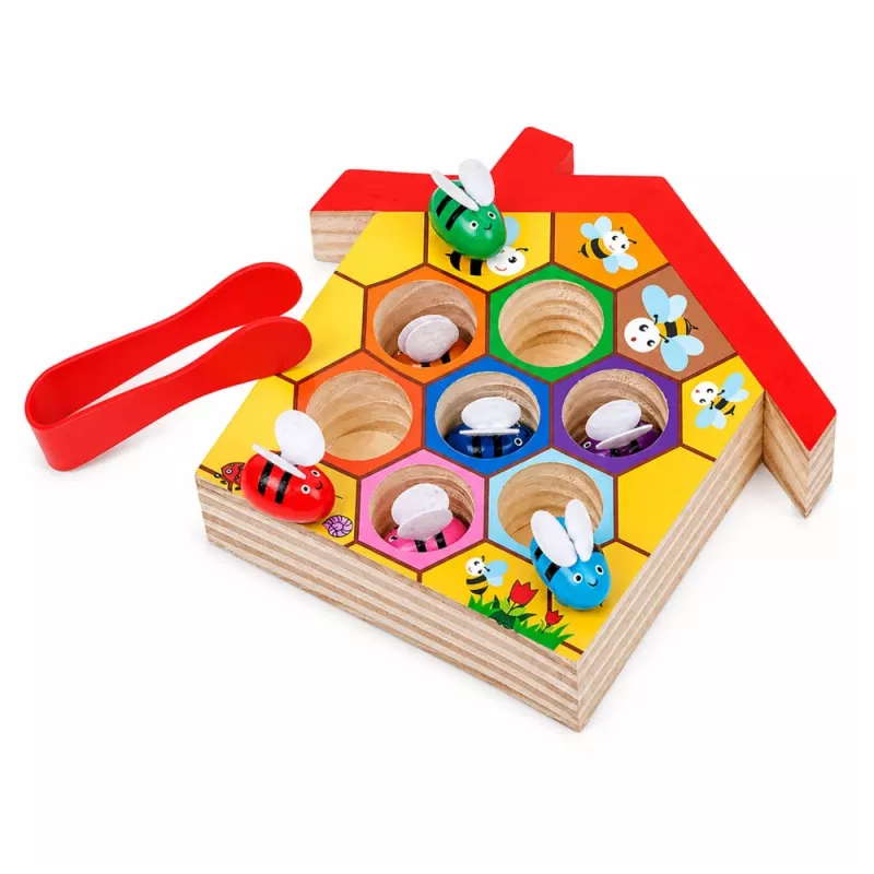 Brinquedo de destreza colmeia de madeira LEAN TOYS com pinça e 6 abelhas - Jogo educativo de motricidade para crianças a partir dos 3 anos