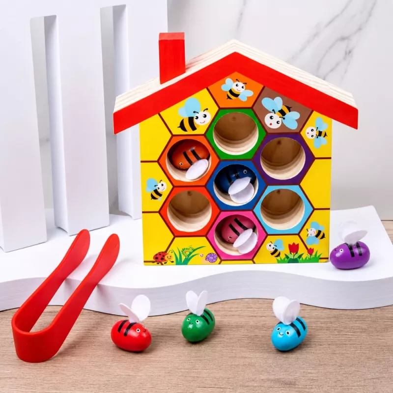 Brinquedo de destreza colmeia de madeira LEAN TOYS com pinça e 6 abelhas - Jogo educativo de motricidade para crianças a partir dos 3 anos