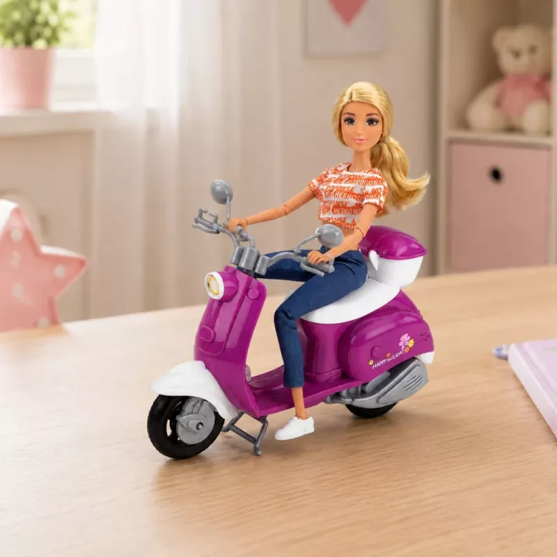 LEAN TOYS Anlily Boneca de viagem em trotinete com óculos, suporte para telemóvel e acessórios