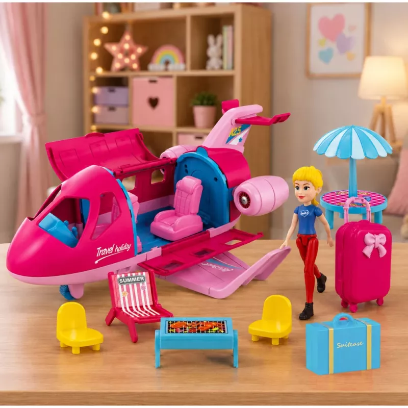LEAN TOYS Avião dobrável para bonecas conjunto de viagem acessórios boneca rosa 9 peças