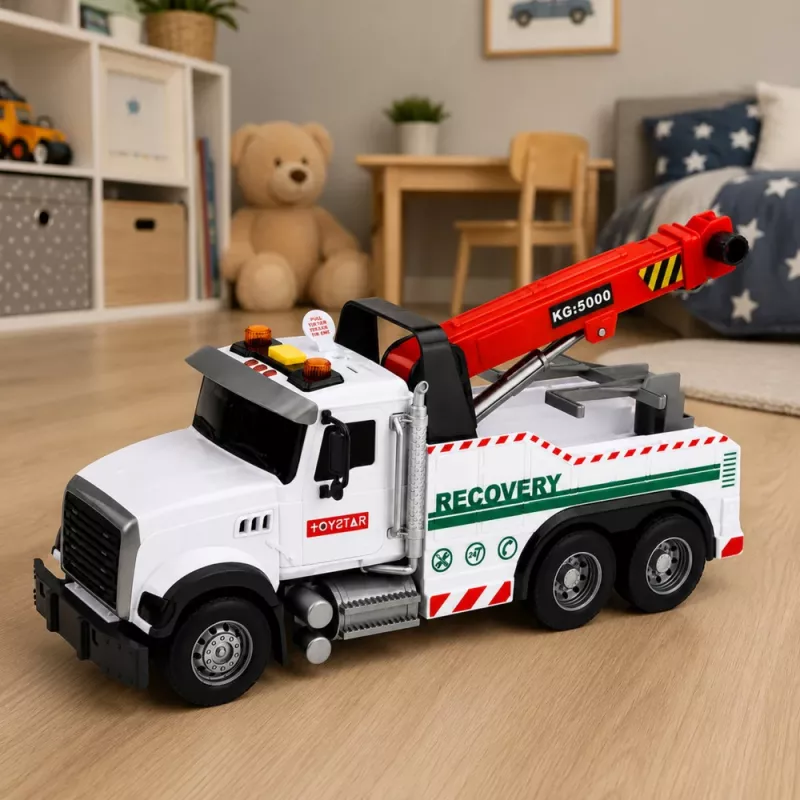 LEAN TOYS Veículo de construção com grua ajustável, luzes e sons, branco 1:14