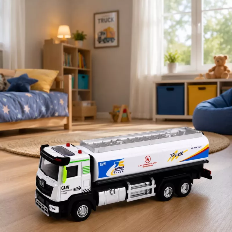 LEAN TOYS Camião-cisterna de metal com fricção, luzes e sons, azul e branco, escala 1:40