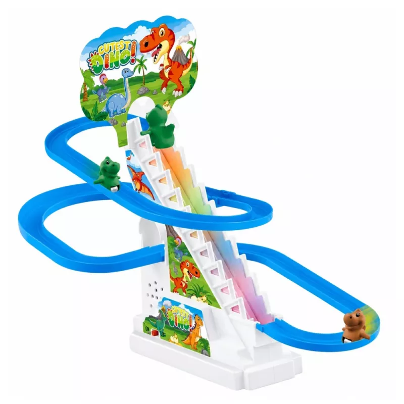 LEAN TOYS Pista de corrida escorrega de dinossauros com degraus móveis, figuras, luzes e sons