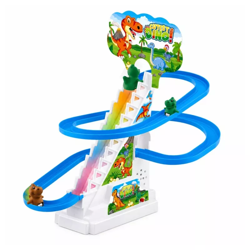LEAN TOYS Pista de corrida escorrega de dinossauros com degraus móveis, figuras, luzes e sons