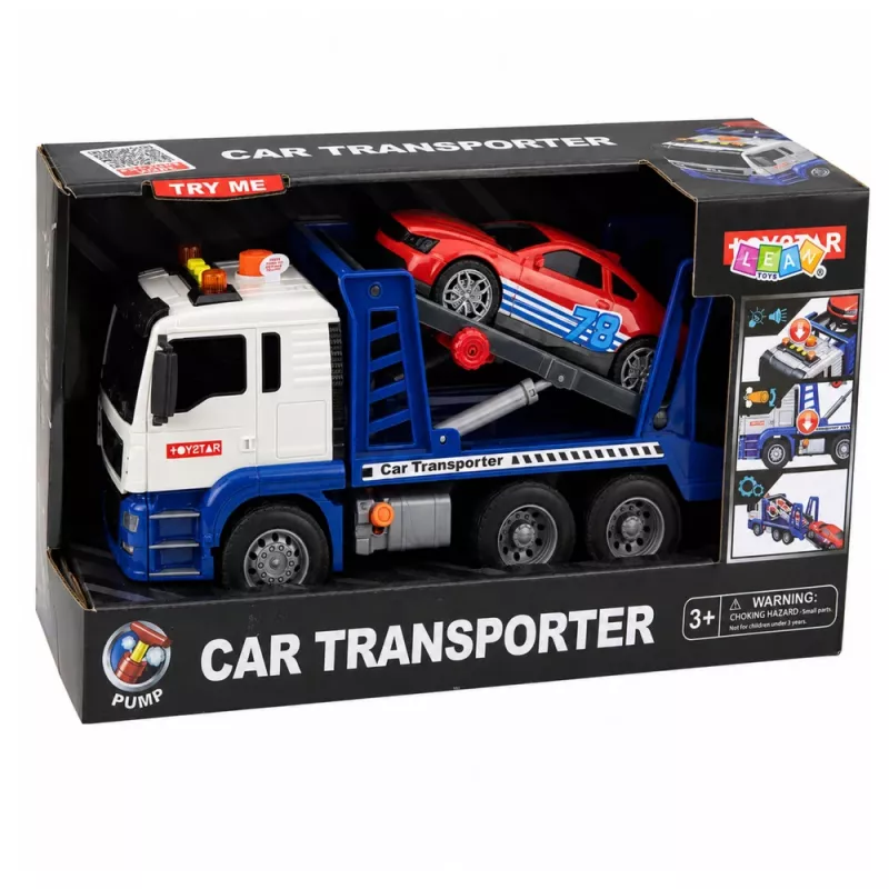 Camião de reboque Lora LEAN TOYS com carro, motor, luzes e sons azul