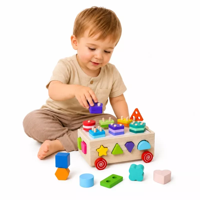 Brinquedo educativo Montessori de madeira LEAN TOYS classificador sobre rodas formas e números