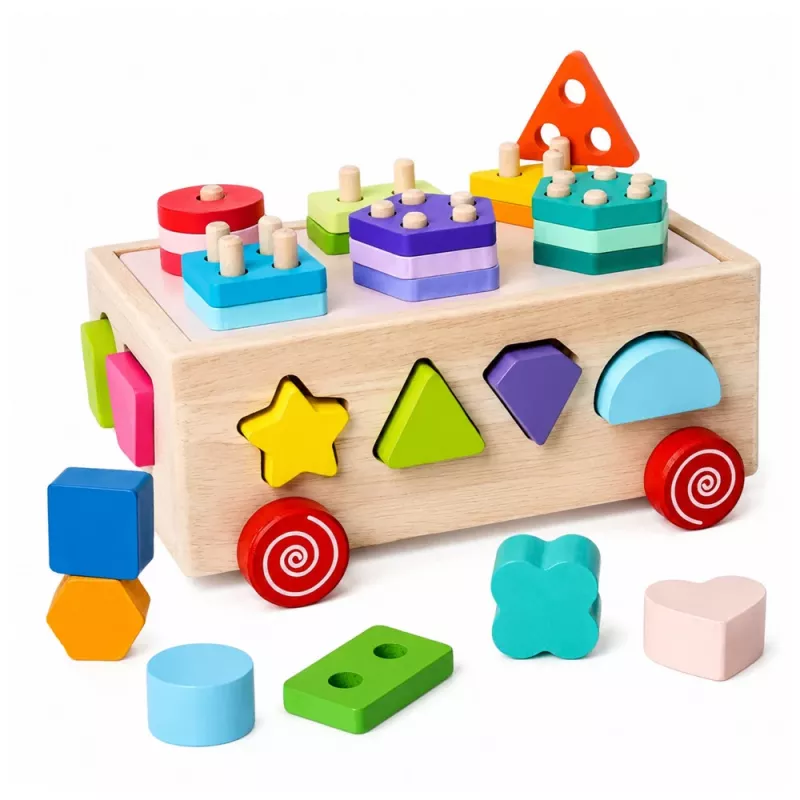 Brinquedo educativo Montessori de madeira LEAN TOYS classificador sobre rodas formas e números