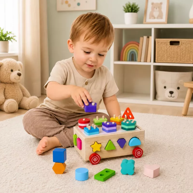 Brinquedo educativo Montessori de madeira LEAN TOYS classificador sobre rodas formas e números