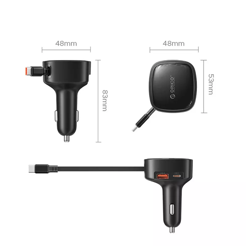 Carregador de automóvel ORICO FC-66-1A2C 66W com cabo USB-C retrátil - Preto