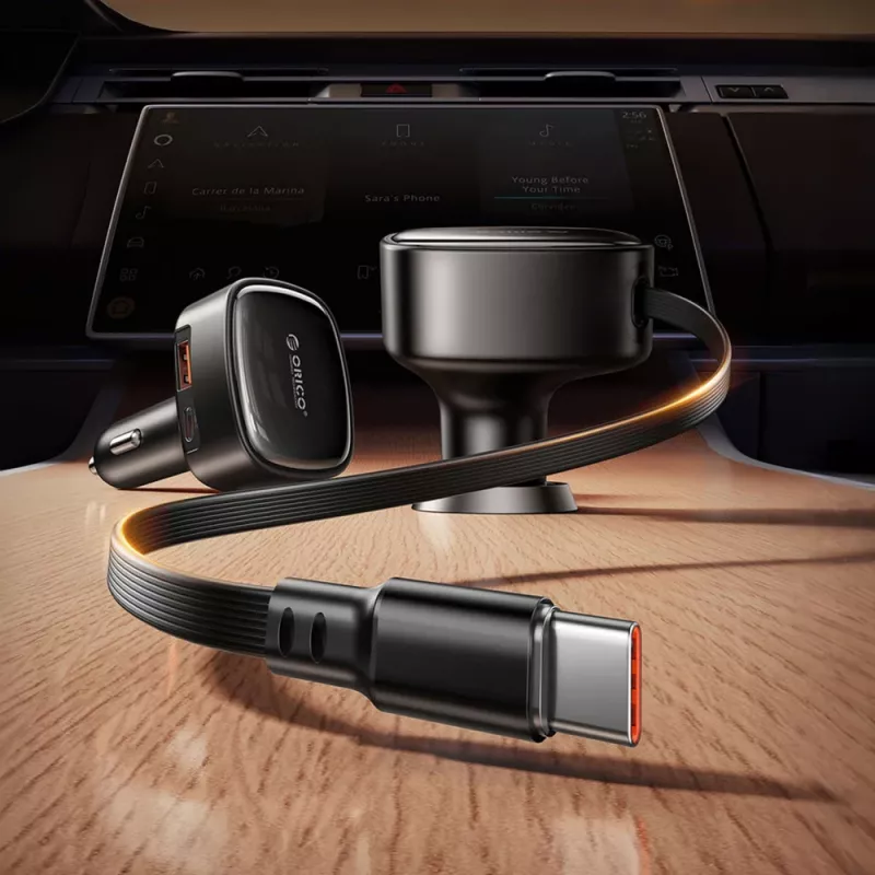 Carregador de automóvel ORICO FC-66-1A2C 66W com cabo USB-C retrátil - Preto