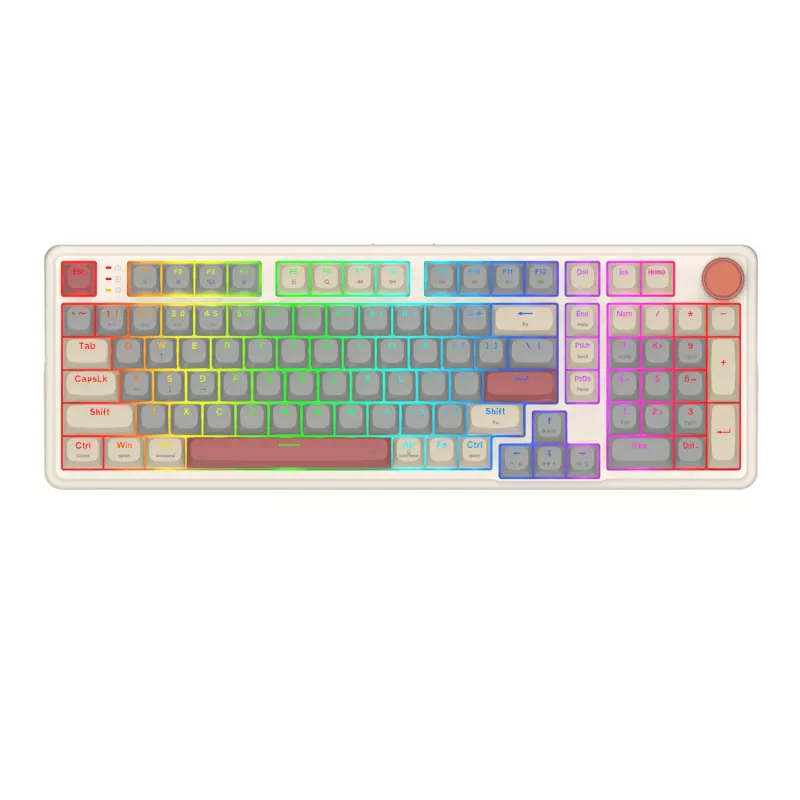 Teclado de gaming mecânico sem fios RGB Redragon K768WGR-WL EISA 100, layout 96%, interruptores vermelhos hot-swappable, Branco/Cinzento