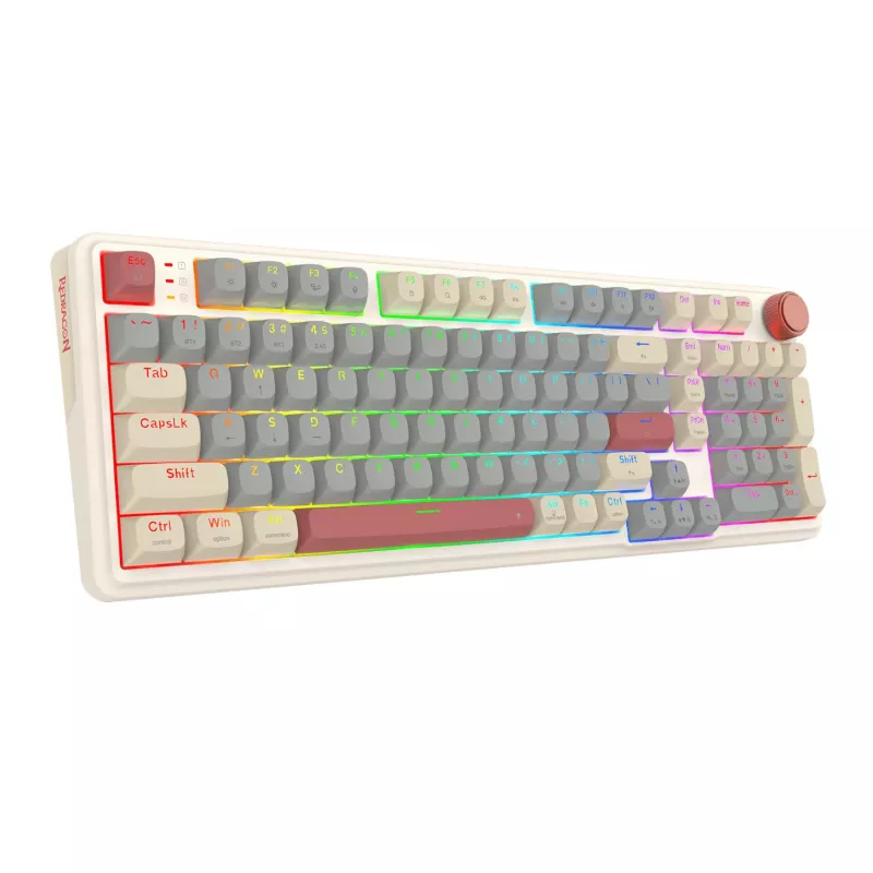 Teclado de gaming mecânico sem fios RGB Redragon K768WGR-WL EISA 100, layout 96%, interruptores vermelhos hot-swappable, Branco/Cinzento