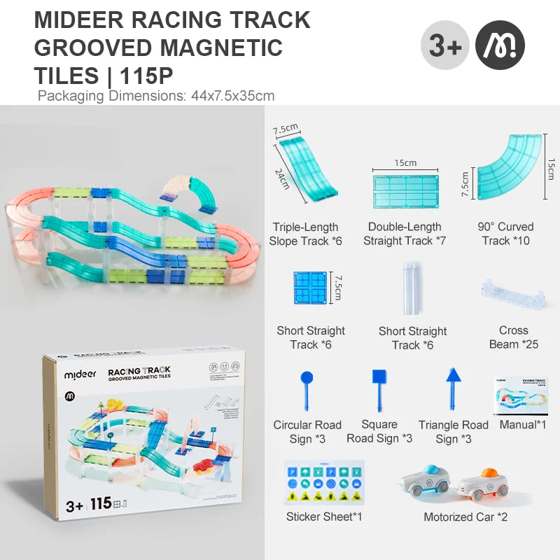 Mideer MD6395 pista de corrida magnética com 2 carros, 115 peças, 3+ anos