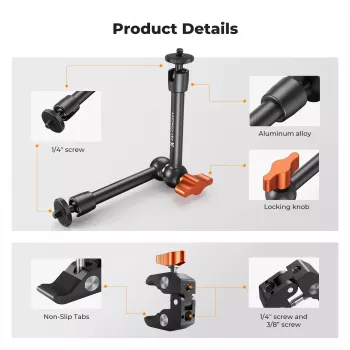 Kit de montagem KF Magic Arm + Super Clamp com rosca de 1/4 polegadas e 3/8 polegadas, mordente 15-55 mm, Preto