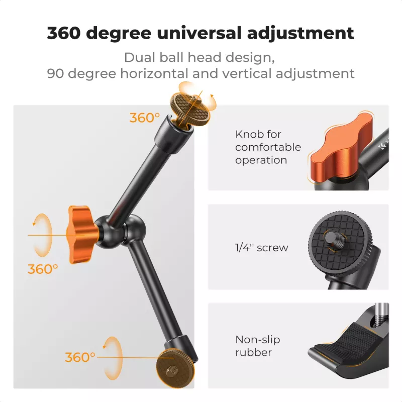 Kit de montagem KF Magic Arm + Super Clamp com rosca de 1/4 polegadas e 3/8 polegadas, mordente 15-55 mm, Preto