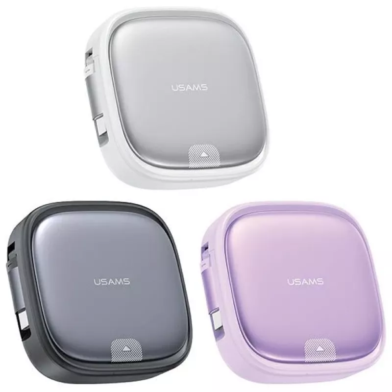Cabo de carregamento 3-em-1 enrolável USAMS com caixa de armazenamento USB-A para USB-C/Lightning/Micro USB 60W roxo SJ650USB03 (US-SJ650)