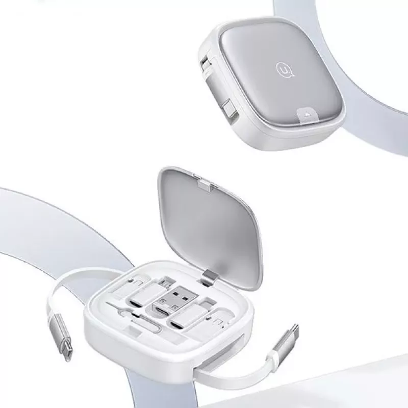 Cabo de carregamento 3-em-1 enrolável USAMS com caixa de armazenamento USB-A para USB-C/Lightning/Micro USB 60W roxo SJ650USB03 (US-SJ650)