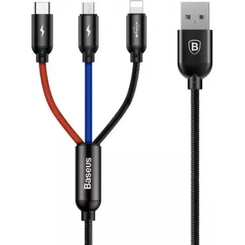 Cabo 3-em-1 Baseus Primary Colors USB 2.0 Type-A para Micro, USB-C e Lightning 30cm preto/vermelho/azul