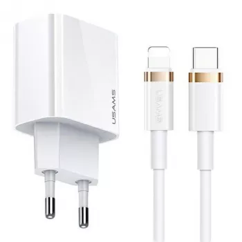 USAMS T34 Carregador de parede USB-C PD 20W com kit de cabo USB-C para Lightning U63 - branco