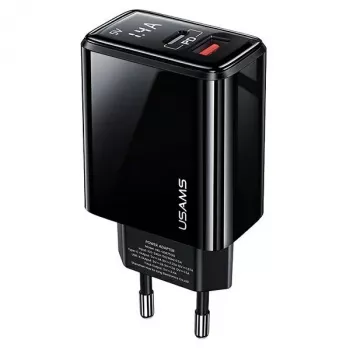 USAMS Carregador de parede 20W com porta dupla USB-C PD3.0 + USB-A QC3.0 (ficha EU, preto)