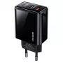 USAMS Carregador de parede 20W com porta dupla USB-C PD3.0 + USB-A QC3.0 (ficha EU, preto)