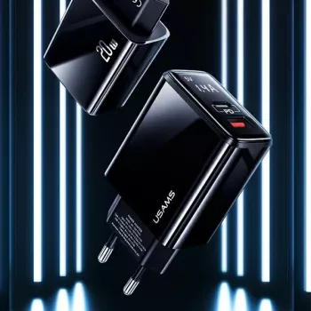 USAMS Carregador de parede 20W com porta dupla USB-C PD3.0 + USB-A QC3.0 (ficha EU, preto)