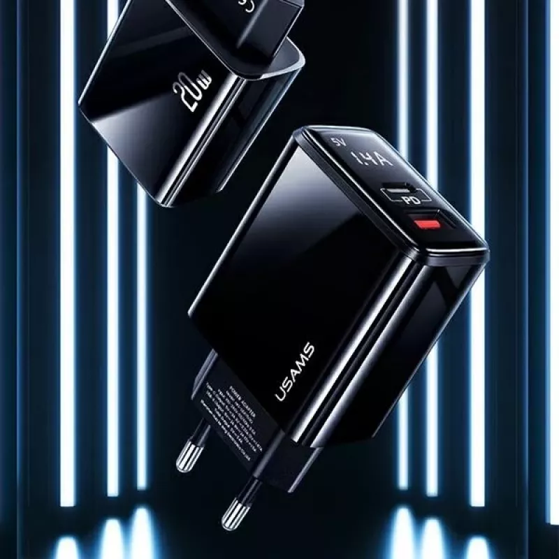 USAMS Carregador de parede 20W com porta dupla USB-C PD3.0 + USB-A QC3.0 (ficha EU, preto)