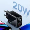USAMS Carregador de parede 20W com porta dupla USB-C PD3.0 + USB-A QC3.0 (ficha EU, preto)