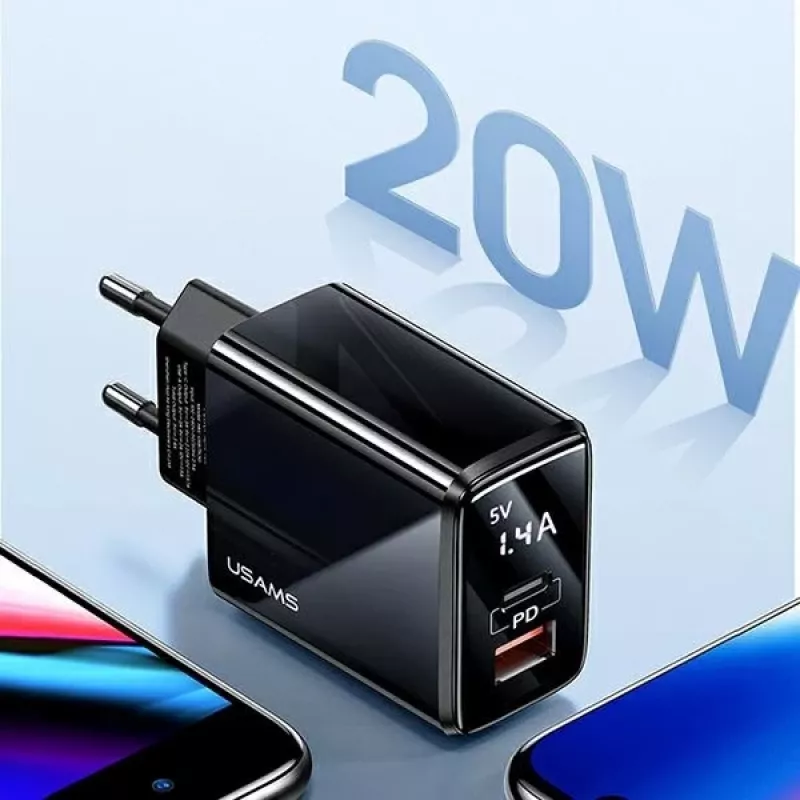 USAMS Carregador de parede 20W com porta dupla USB-C PD3.0 + USB-A QC3.0 (ficha EU, preto)