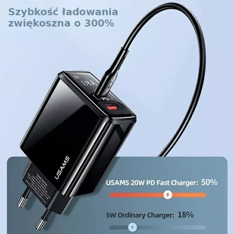 USAMS Carregador de parede 20W com porta dupla USB-C PD3.0 + USB-A QC3.0 (ficha EU, preto)
