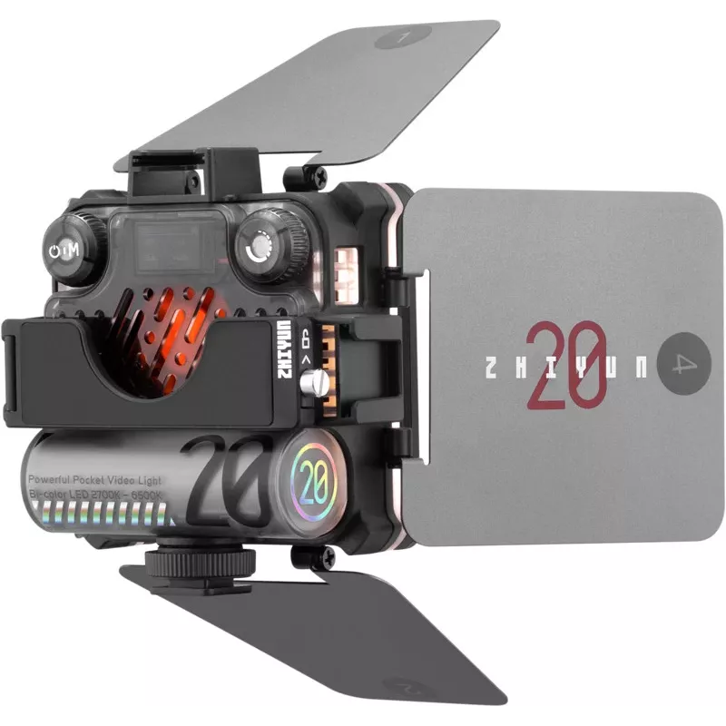 Conjunto de luz de vídeo LED Bi-Color Zhiyun M20 Combo 20W com RGB, mini tripé, difusor, grelha, barndoors
