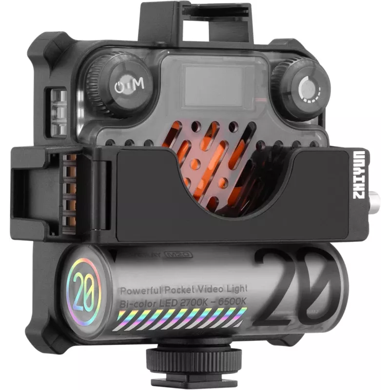 Conjunto de luz de vídeo LED Bi-Color Zhiyun M20 Combo 20W com RGB, mini tripé, difusor, grelha, barndoors