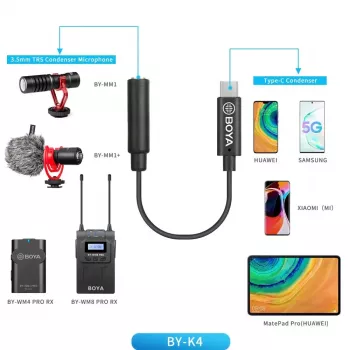 Cabo adaptador BOYA BY-K4 de conector fêmea TRS de 3,5 mm para ficha USB-C para microfones (6 cm, preto)