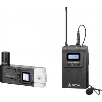 Sistema de microfone lavalier sem fios UHF de canal duplo BOYA BY-WM8 Pro-K7 com 48 canais, 100 m de alcance, recetor montável em câmara (568-590 MHz)